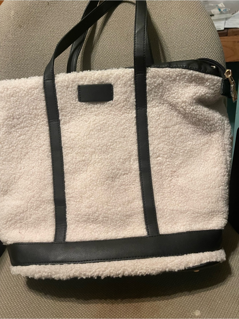 Urban Expressions Cream Sherpa Tote with Black Trim